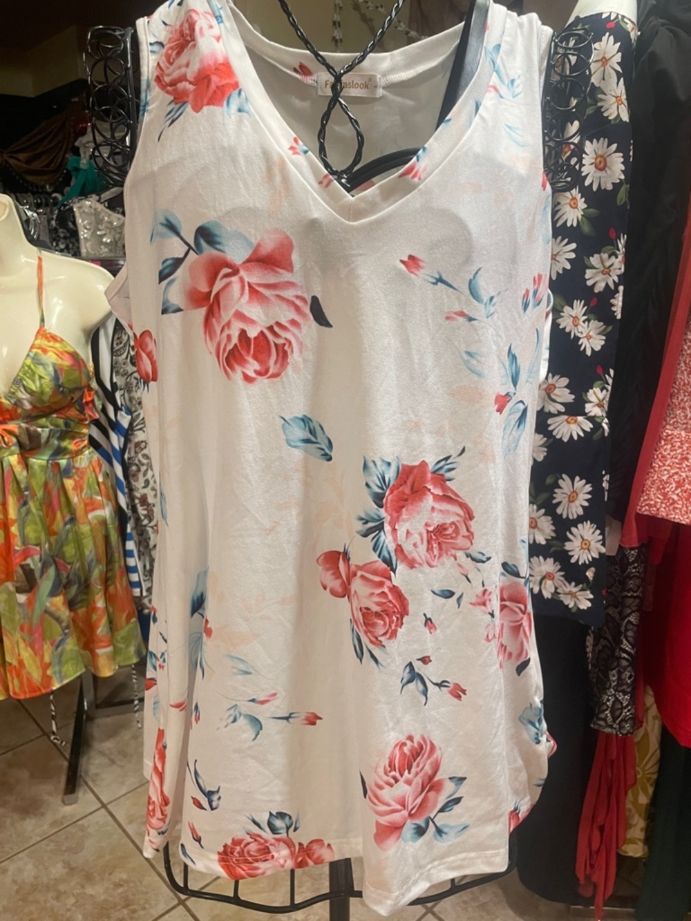 Floral V-Neck Camisole Tank - White with Pink Rose Print